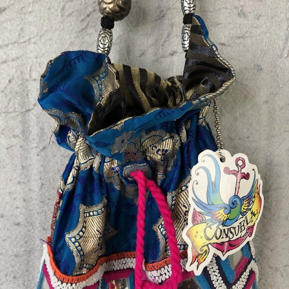 Consuela Bag Womens Blue Pink Drawstring Pouch Beaded Strap Tassel Boho Mirror - Picture 8 of 16